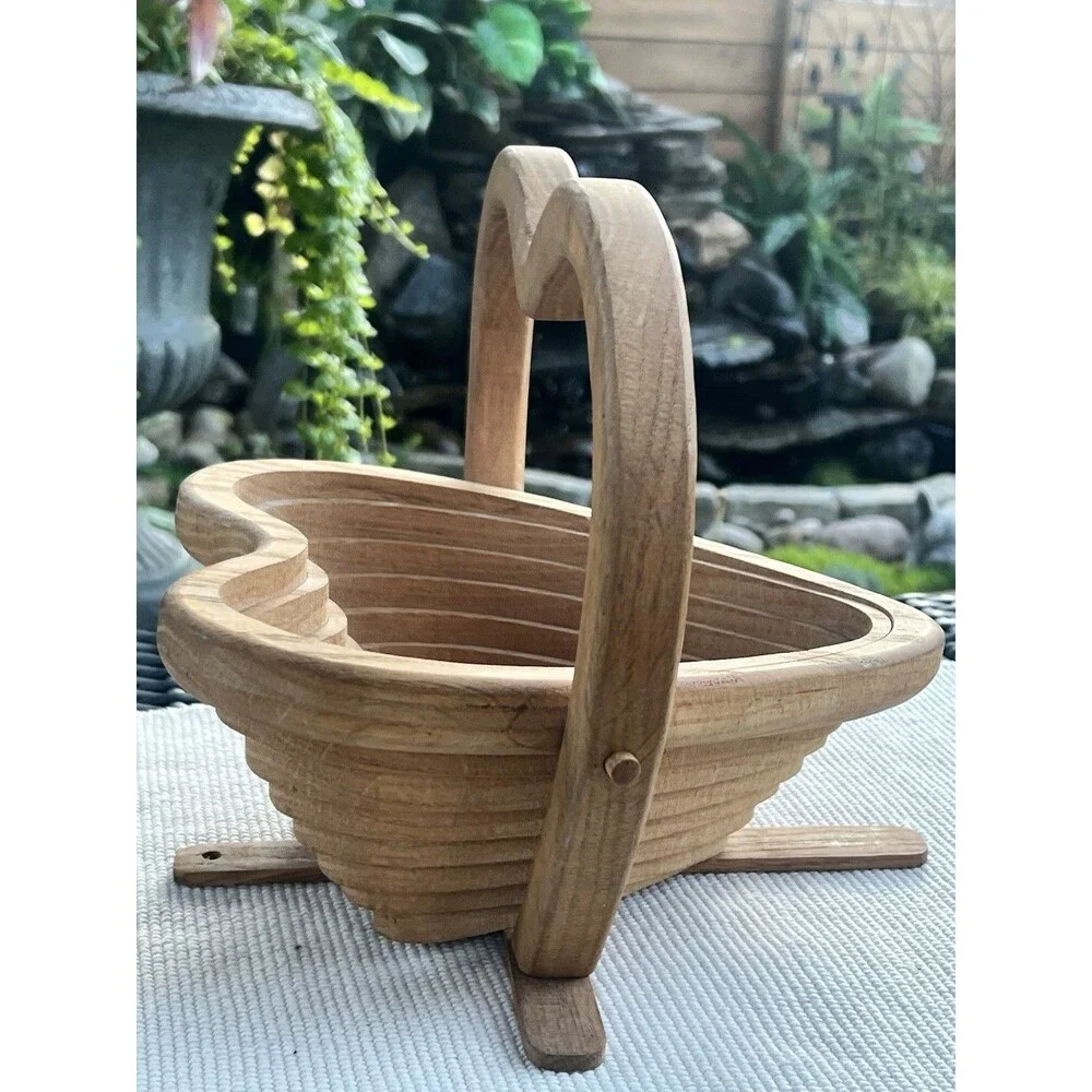 Vintage Handmade Heart Shaped Wooden Collapsible Basket With Handle Or Trivet